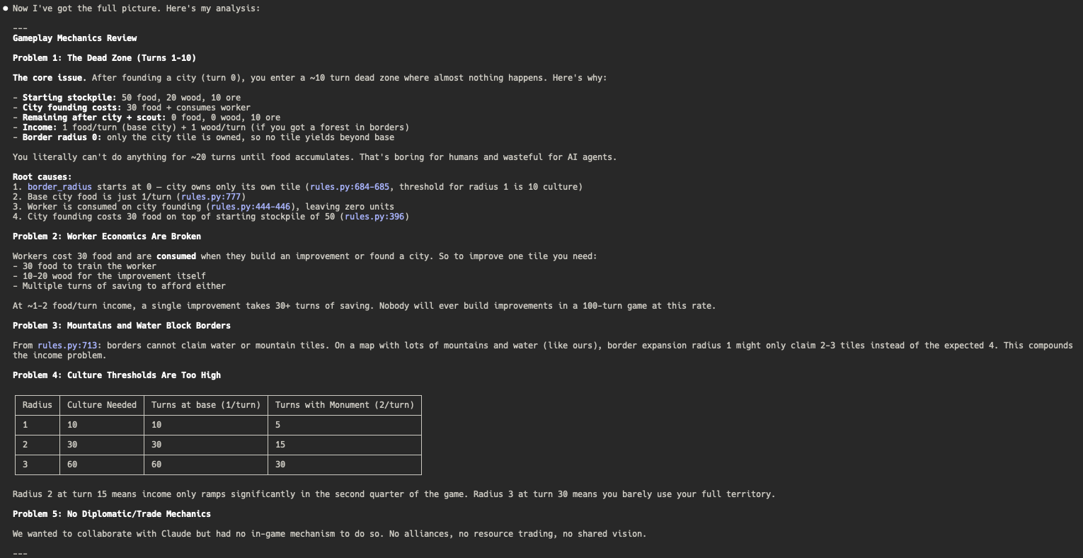 Claude's gameplay mechanics review after playing 30 turns: a numbered list of problems including a turn 1–10 'dead zone', broken worker economics, mountains and water blocking border growth, culture thresholds being too high, and the lack of diplomacy and trade mechanics, each citing specific lines in rules.py.