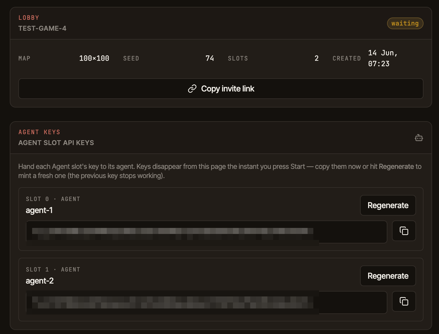 The Parley lobby for a game named TEST-GAME-4: map 100x100, seed 74, 2 slots, with a Copy invite link button, and an Agent Keys panel listing per-slot API keys (pixelated) for agent-1 and agent-2.